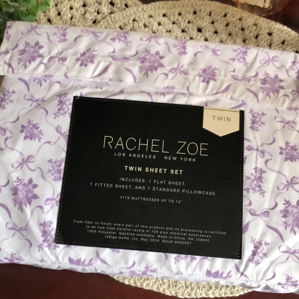 Rachel Zoe Purple & White FLORAL and BOW Twin Sheet Set